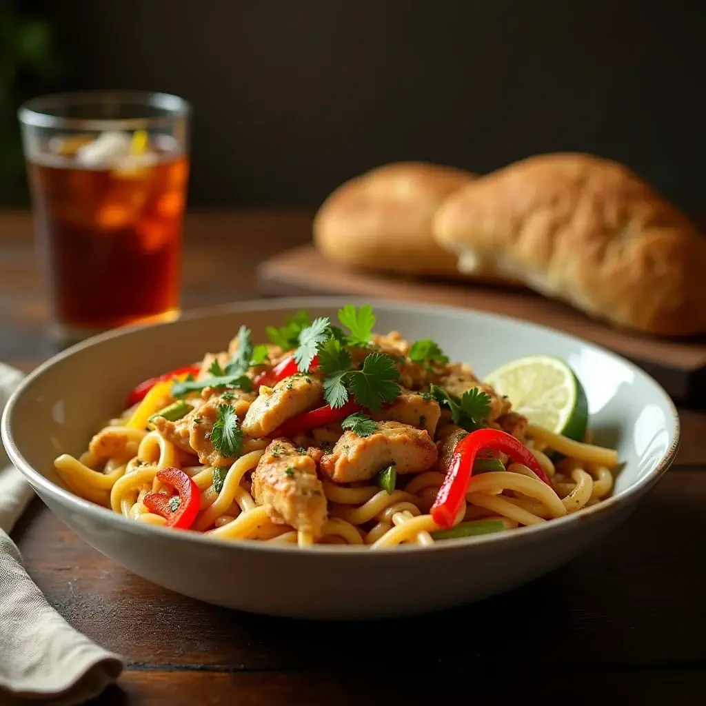 A bowl of chicken fajita pasta with colorful bell peppers, tender chicken, and fresh garnishes, served on a wooden table with garlic bread and a glass of iced tea