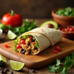 A Chipotle Chicken Burrito on a wooden board surrounded by fresh ingredients like tomatoes, avocado, beans, and salsa.