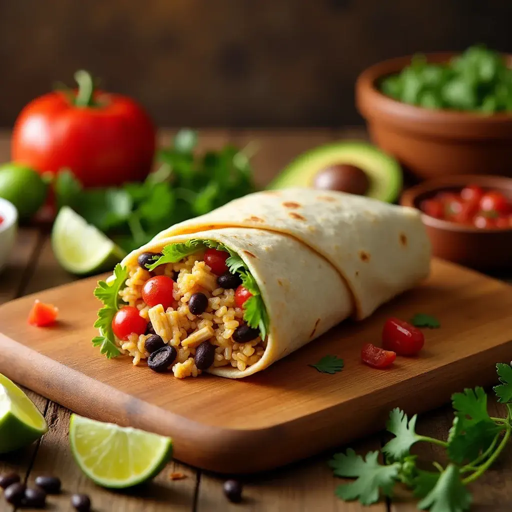 A Chipotle Chicken Burrito on a wooden board surrounded by fresh ingredients like tomatoes, avocado, beans, and salsa.