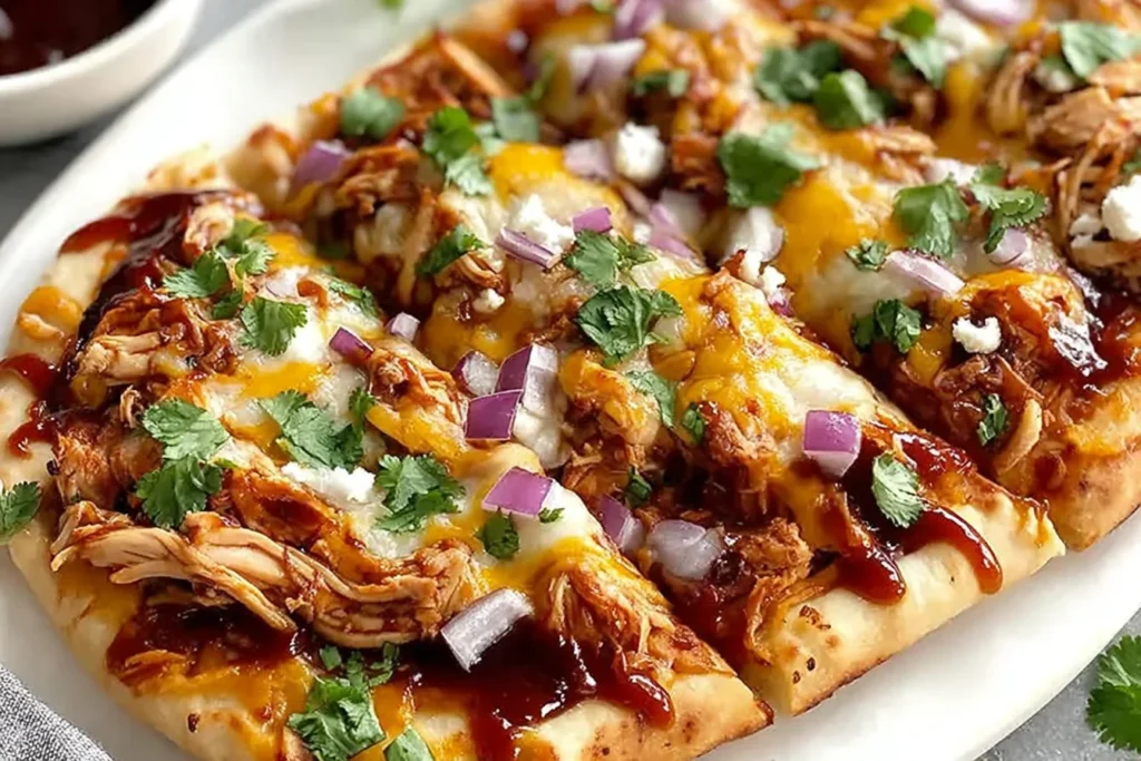 BBQ Chicken Flatbread topped with shredded BBQ chicken, melted mozzarella and cheddar, red onion, and cilantro on a crispy flatbread