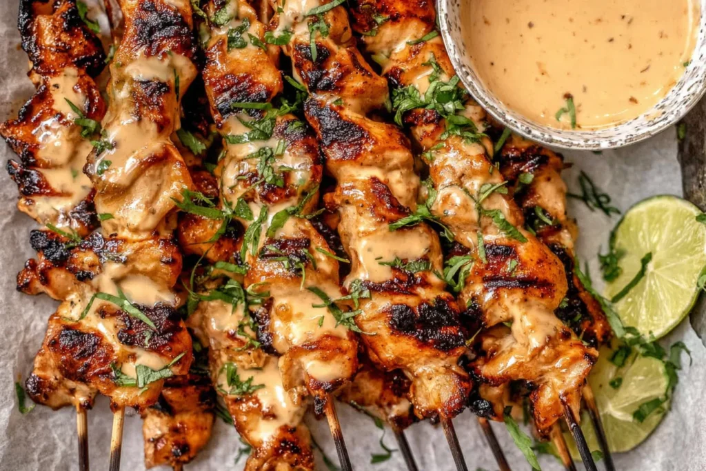 Bang Bang Chicken Skewers grilled to perfection with creamy spicy sauce, fresh herbs, and lime wedges served on a platter