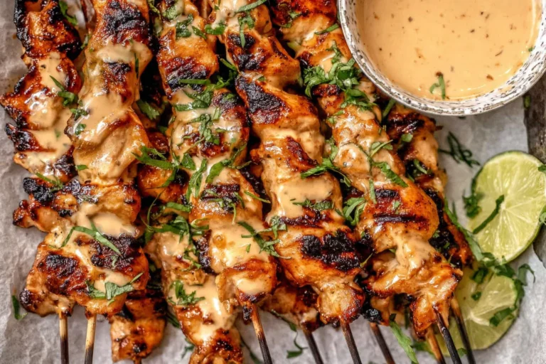Bang Bang Chicken Skewers grilled to perfection with creamy spicy sauce, fresh herbs, and lime wedges served on a platter