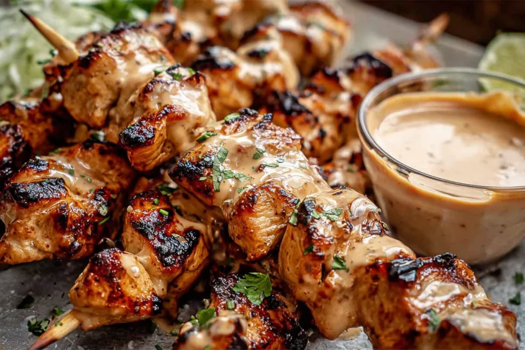 Bang Bang Chicken Skewers drizzled with creamy bang bang sauce, charred and juicy on wooden skewers with a dipping bowl on the side.