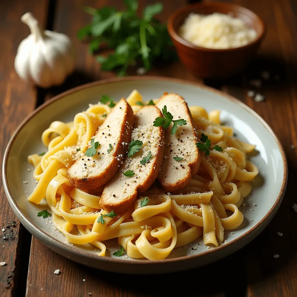 Garlic Parmesan chicken pasta with fettuccine noodles garnished with parsley and freshly grated Parmesan cheese