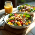 Fresh mango chicken salad with spinach, red peppers, onions, and a sprinkle of peanuts, served alongside a glass of orange juice.