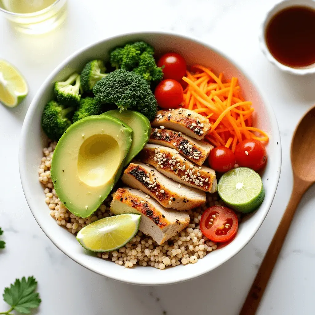 Colorful quinoa and grilled chicken bowl with avocado, broccoli, cherry tomatoes, and shredded carrots, served with lime slices.