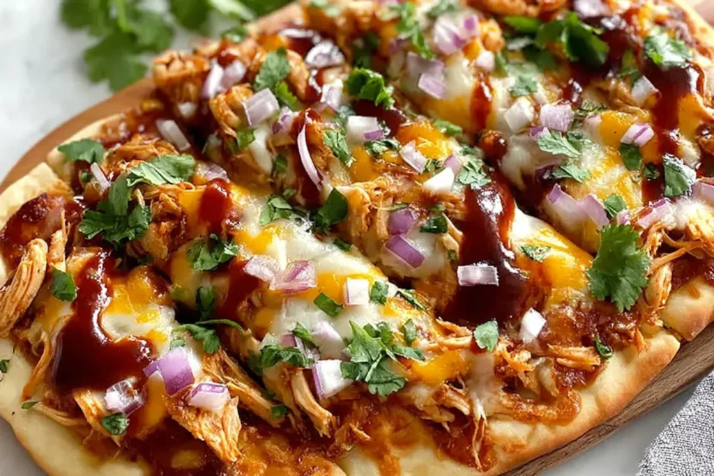 BBQ Chicken Flatbread with shredded BBQ chicken, melted mozzarella and cheddar, red onion, and cilantro drizzled with barbecue sauce on a golden flatbread
