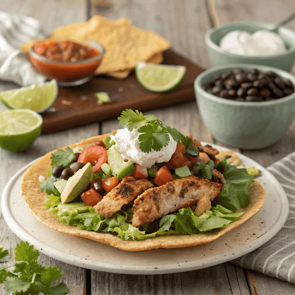 A colorful chicken tostada salad served on a crispy tostada shell with fresh lettuce, tomatoes, avocado, black beans, cheese, and sour cream.