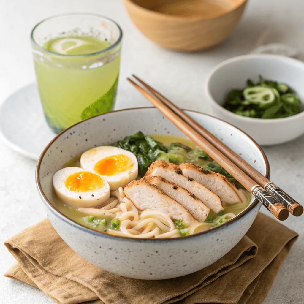 A bowl of chicken ramen served with tea.