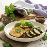 A plate of basil chicken and eggplant garnished with fresh basil leaves, placed on a rustic wooden table with natural light