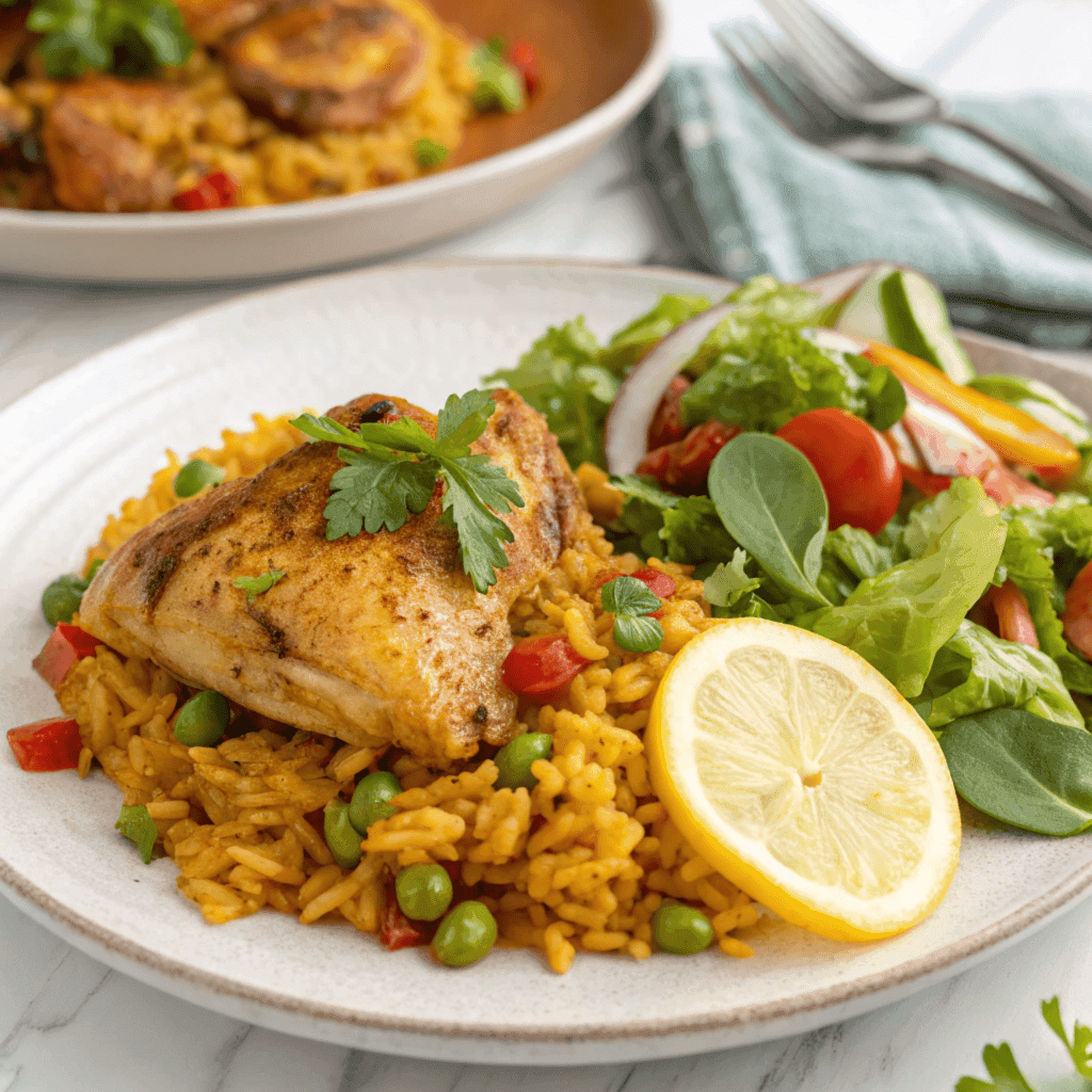 A plated serving of paella chicken with a side salad.