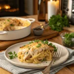A serving of chicken tetrazzini with a cheesy crust on a white plate.
