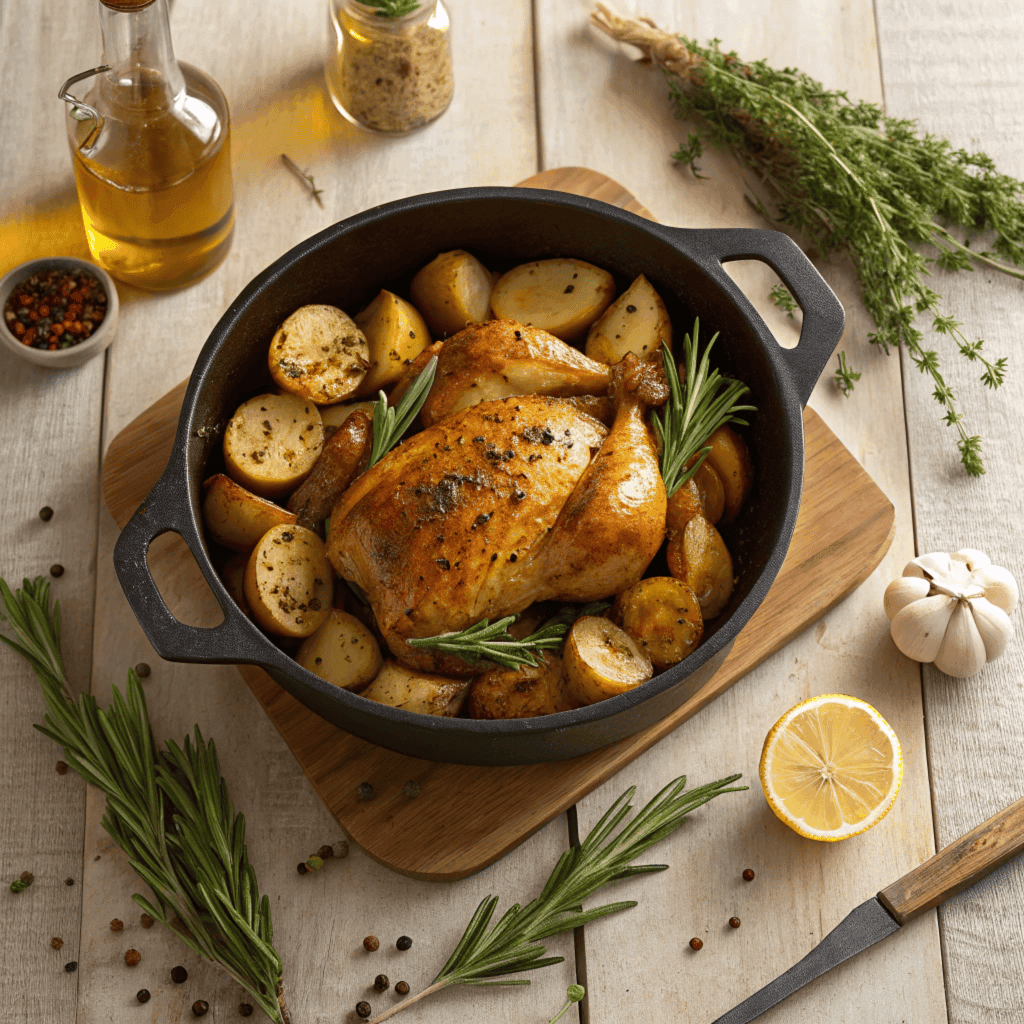 A rustic one-pan chicken and potatoes dish, roasted with golden-brown chicken, crispy potatoes, fresh herbs, and lemon wedges, displayed in a cast-iron pan on a wooden table.