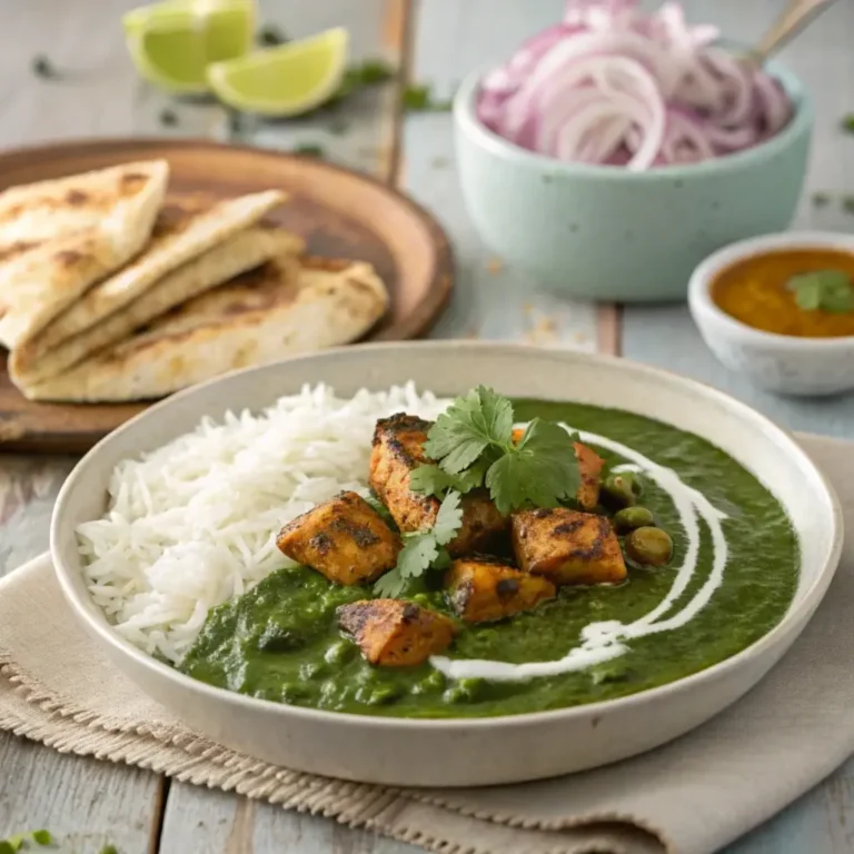 A plate of chicken tikka saag with smoky grilled chicken in a creamy spinach curry, served with basmati rice and naan bread, garnished with cilantro and cream."