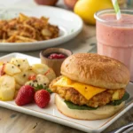 Breakfast sandwich with sides and smoothie.