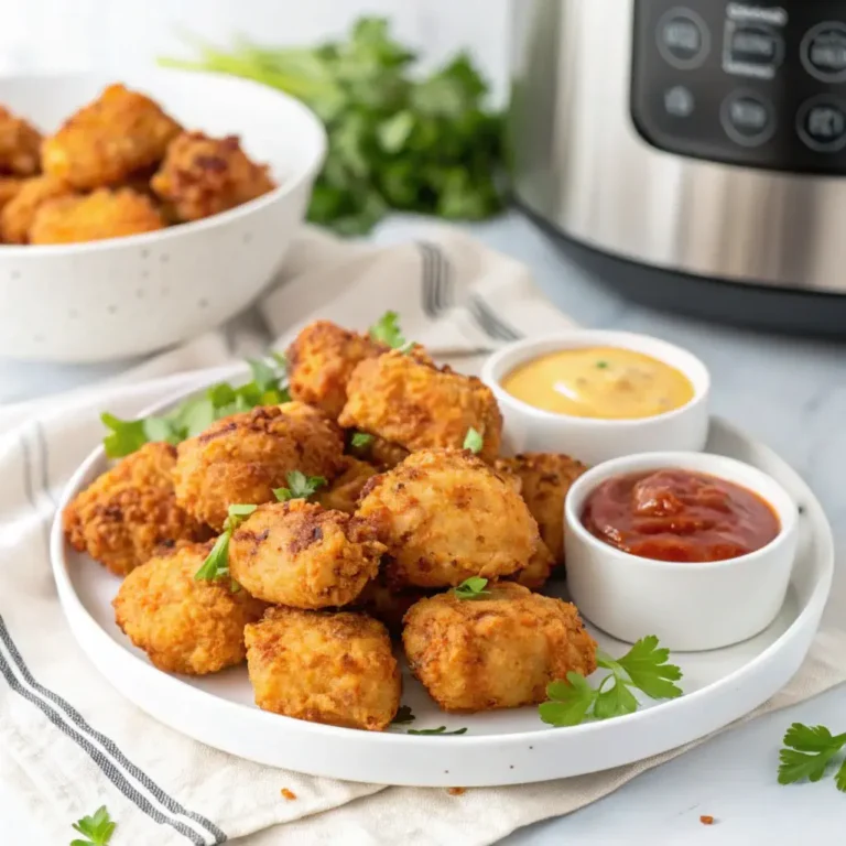 crispy air fryer chicken bites garnished with parsley, served on a white plate with dipping sauces in a modern kitchen setting