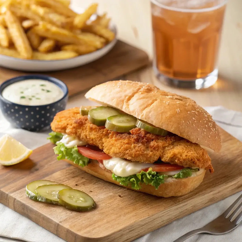 chicken schnitzel sandwich with lettuce, tomato, pickles, and garlic aioli in a toasted brioche bun, served with fries and iced tea