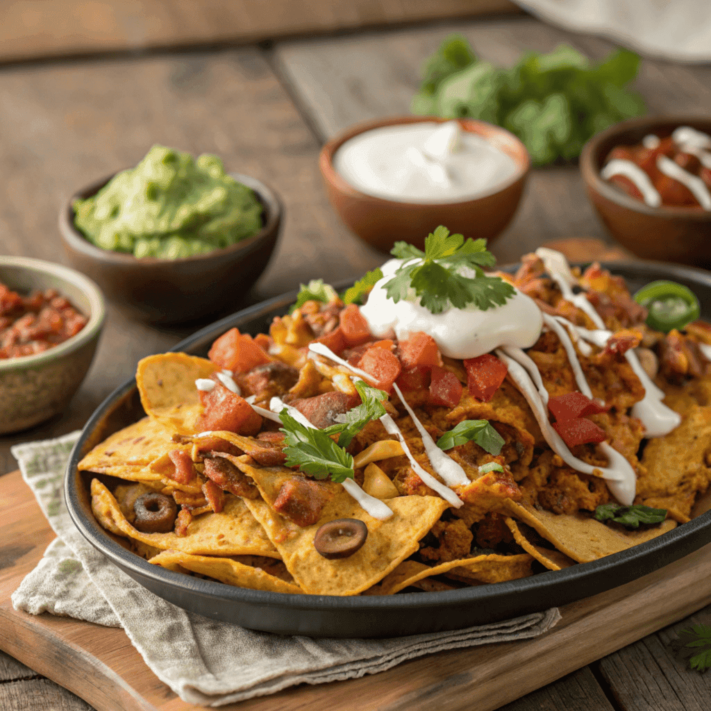A platter of BBQ chicken nachos topped with melted cheese, BBQ chicken, jalapeños, tomatoes, and sour cream, served with additional toppings.