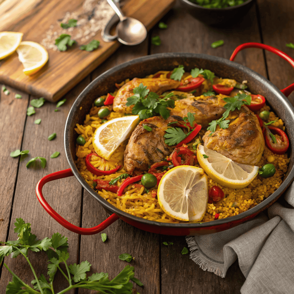 A traditional pan of chicken paella garnished with lemon wedges and parsley.