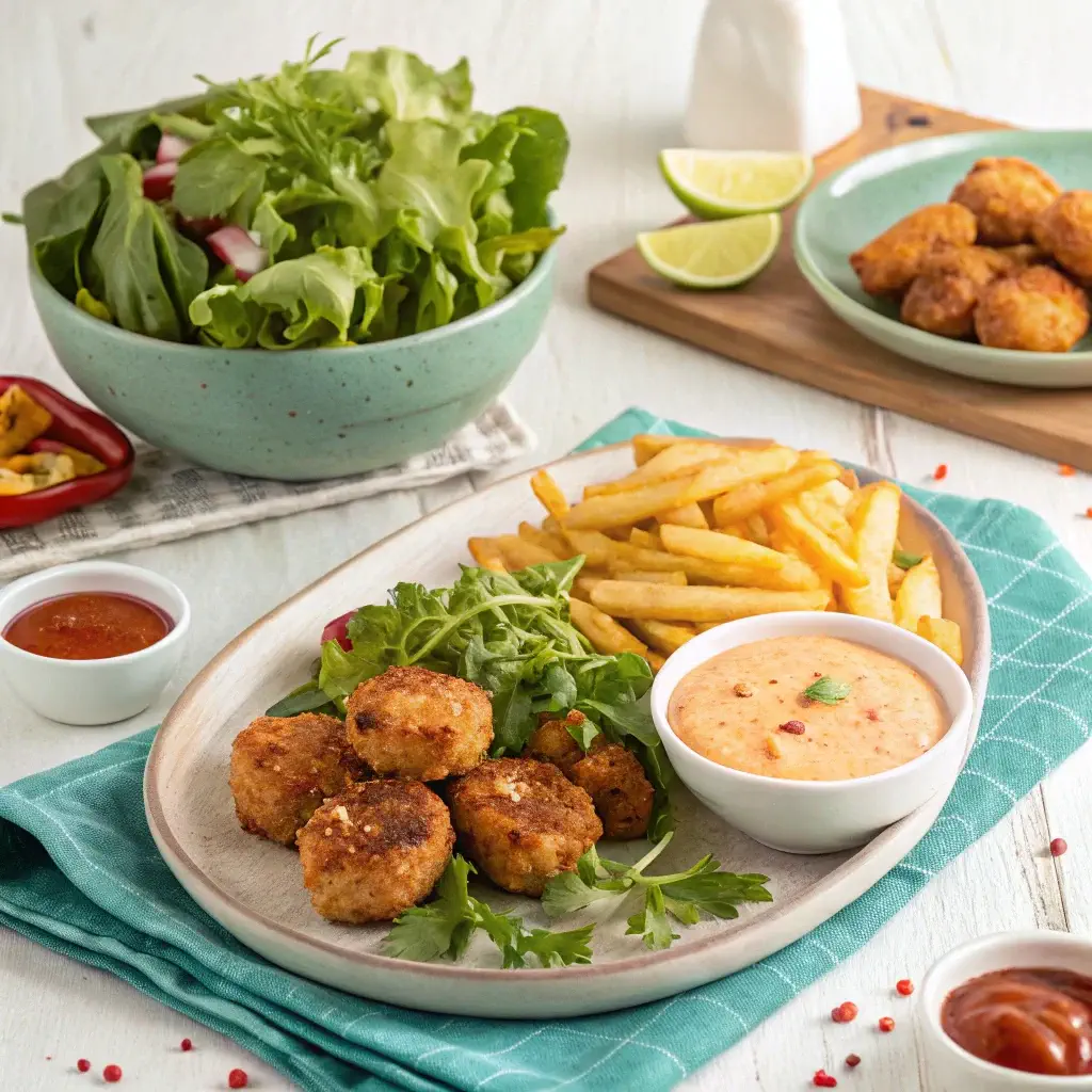 Chicken fritters recipe served with salad, fries, and assorted dips.