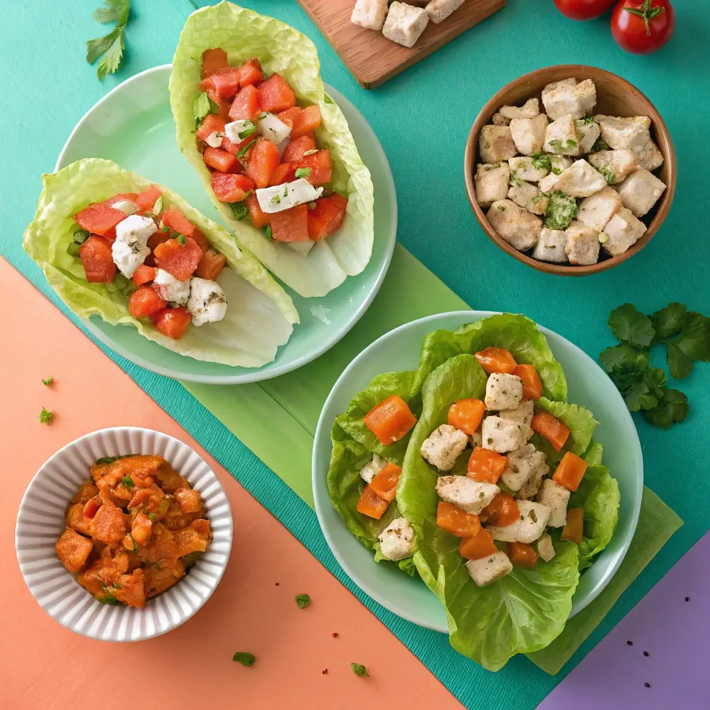 Variations of Buffalo Chicken Salad with tofu and wrap styles.