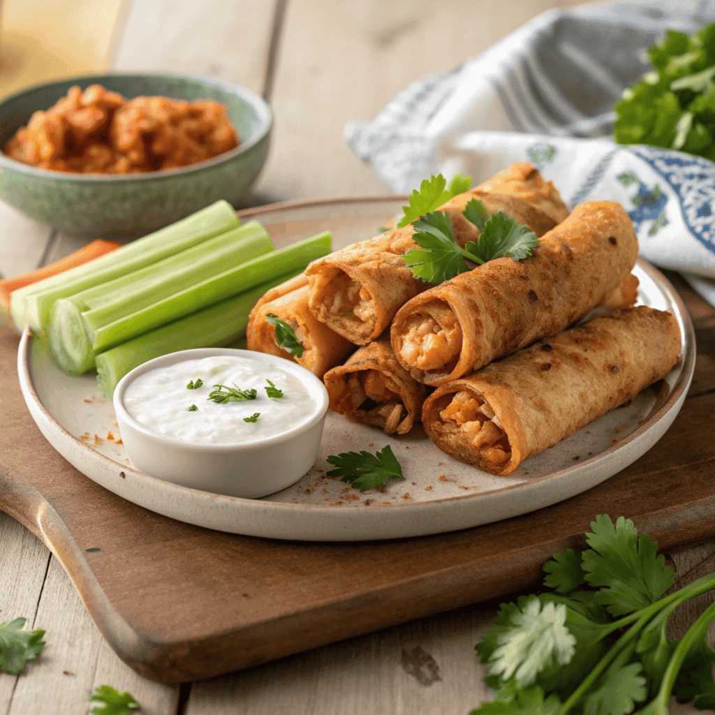 A plate of buffalo chicken taquitos with dipping sauces.