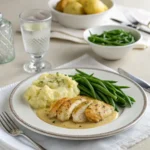 Garlic butter chicken breast with side dishes and water .