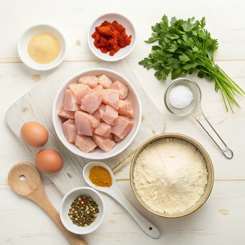 Ingredients for chicken fritters recipe arranged on a wooden table.