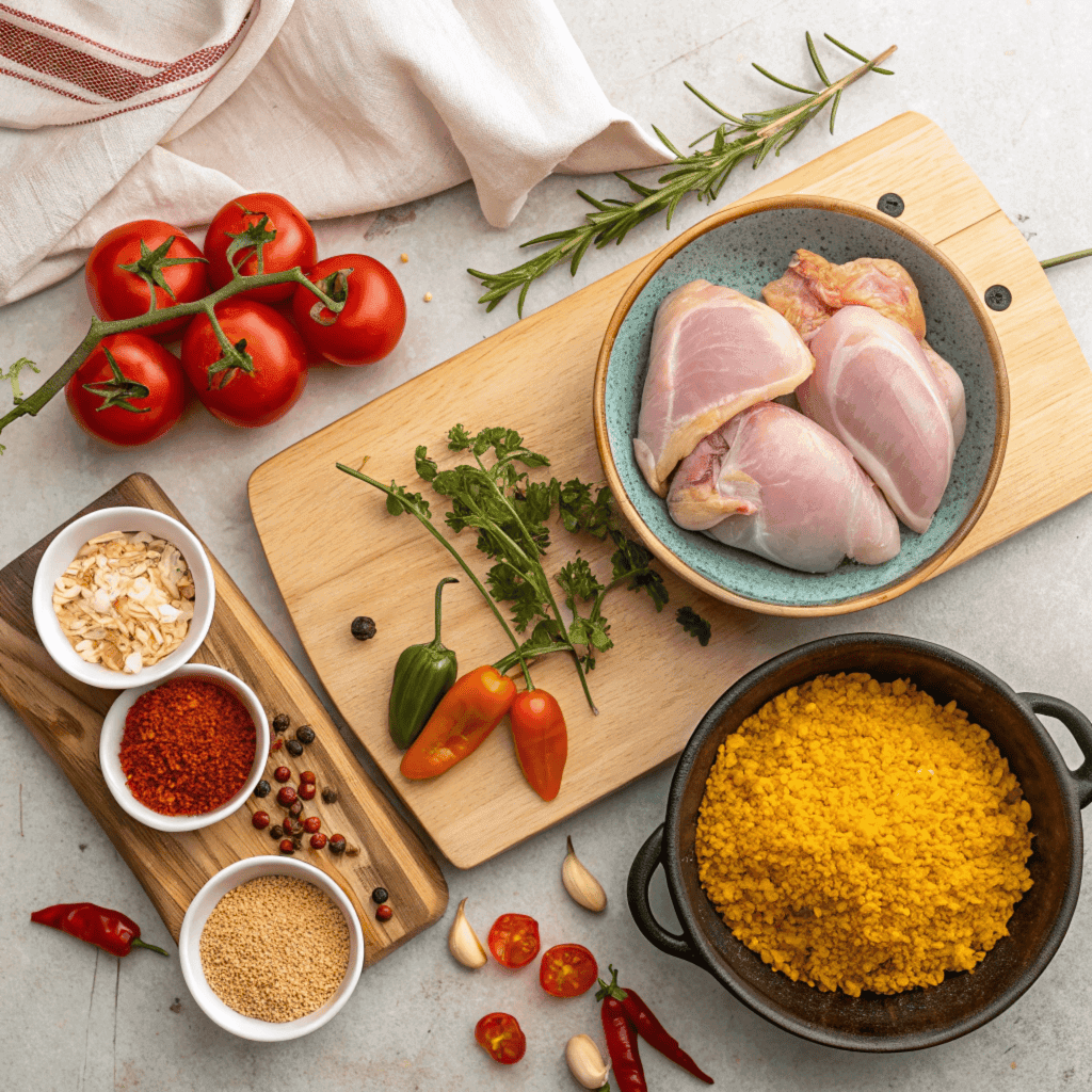 Ingredients for making paella chicken laid out on a table.