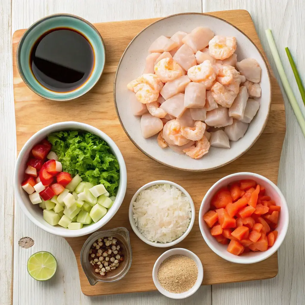 Fresh ingredients for chicken and shrimp fried rice.