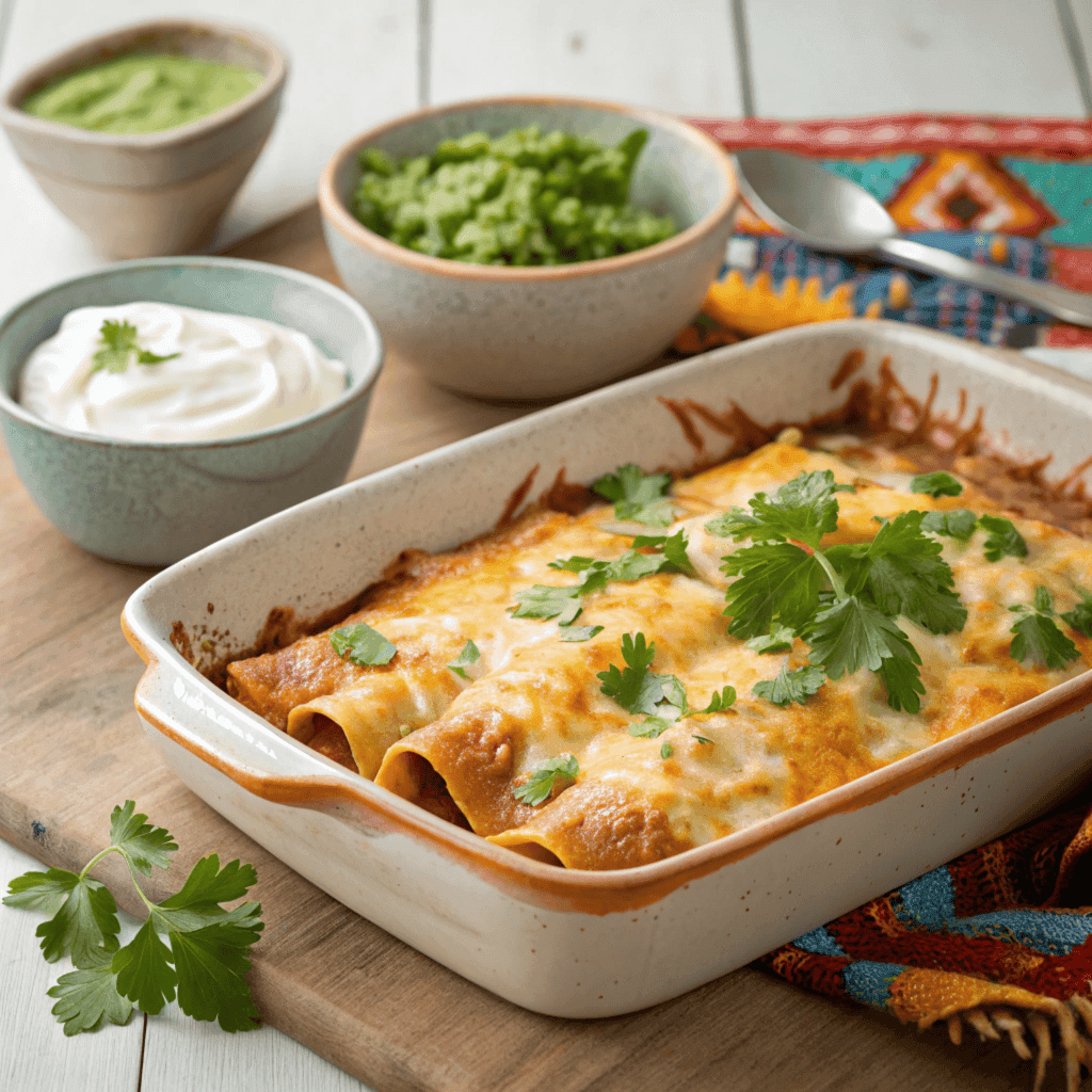 Freshly baked cheesy chicken enchiladas topped with melted golden cheese and cilantro, served in a rustic dish with sides of guacamole, sour cream, and salsa