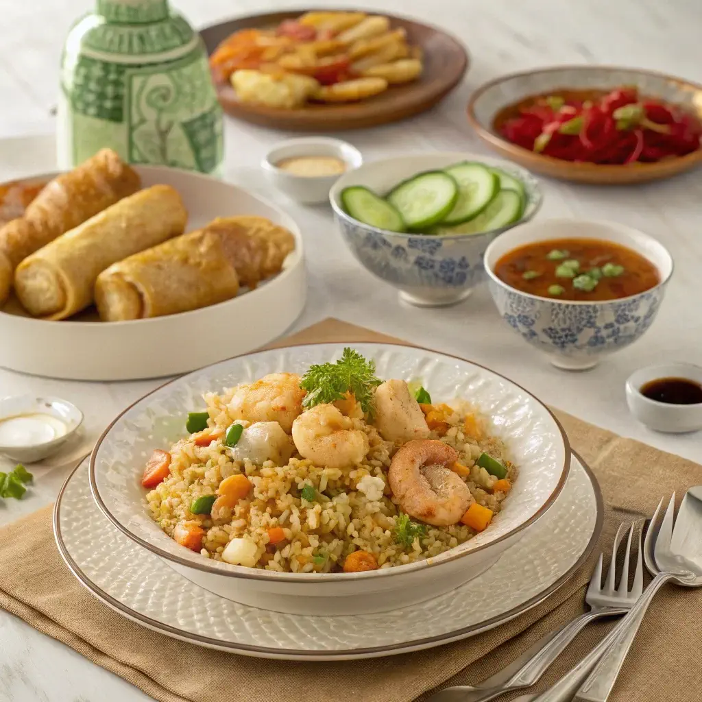 Chicken and shrimp fried rice served with side dishes.