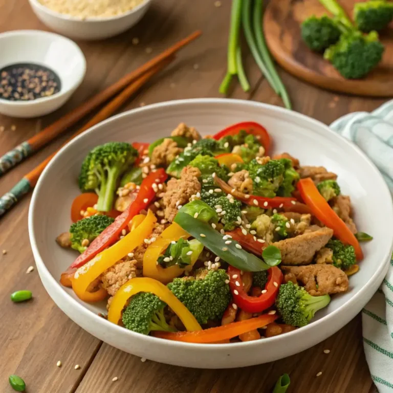A plate of ground chicken stir fry with bell peppers, broccoli, and carrots, topped with sesame seeds and green onions on a wooden table.