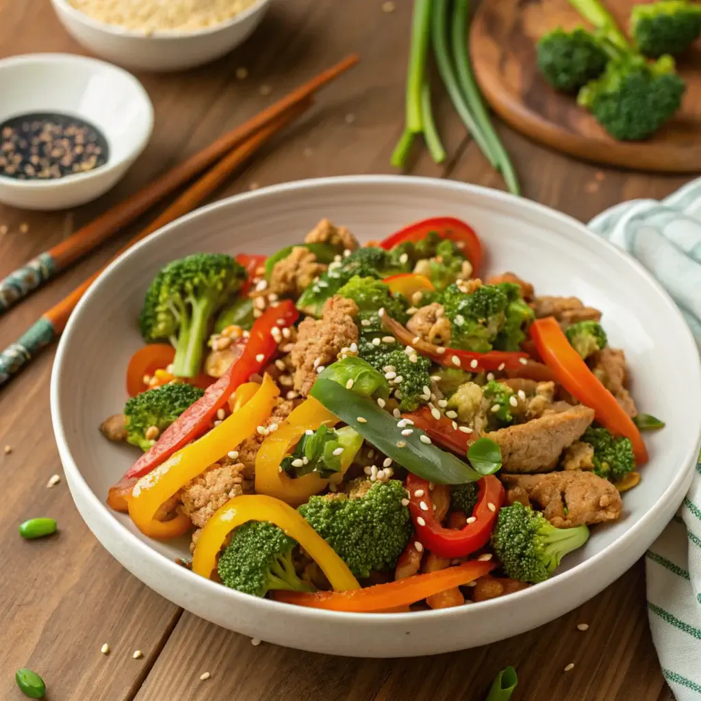 A plate of ground chicken stir fry with bell peppers, broccoli, and carrots, topped with sesame seeds and green onions on a wooden table.