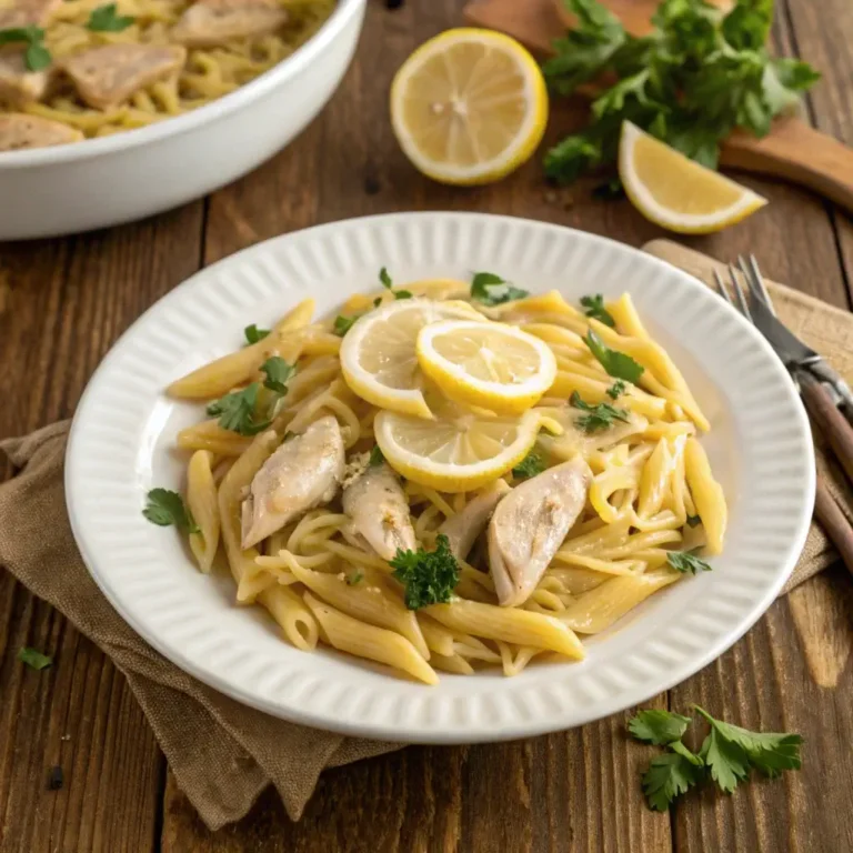 A plate of lemon chicken orzo pasta garnished with parsley and lemon slices, served on a rustic wooden table