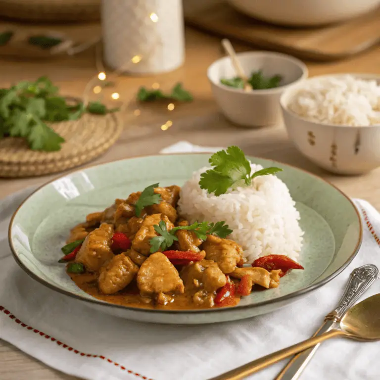 A plate of Chinese Coconut Chicken with rice and garnished with herbs.