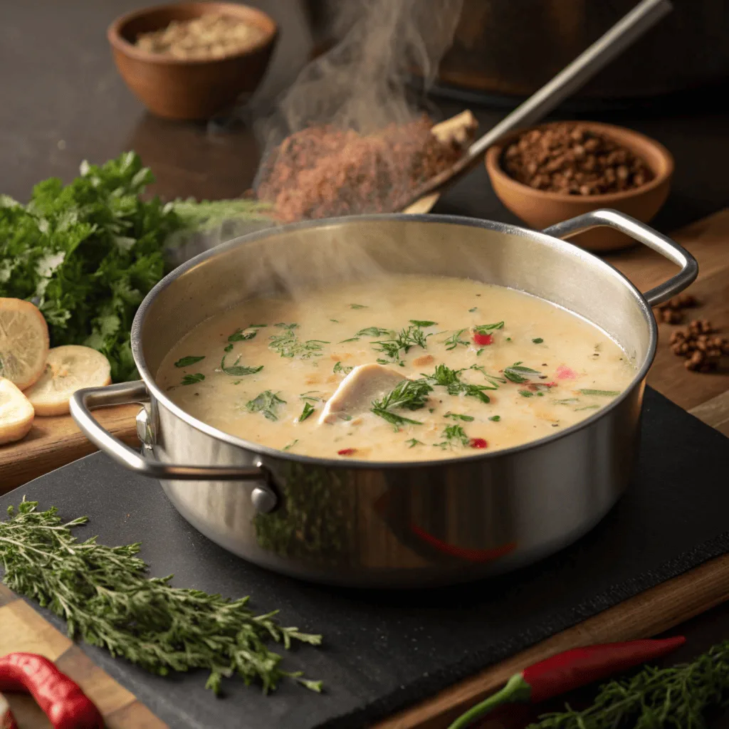 Creamy chicken ramen broth cooking.
