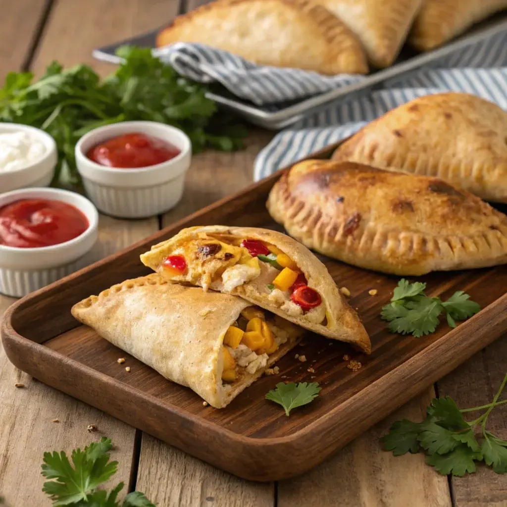chicken pockets on a wooden tray, filled with shredded chicken, melted cheese, and veggies, served with dipping sauces.