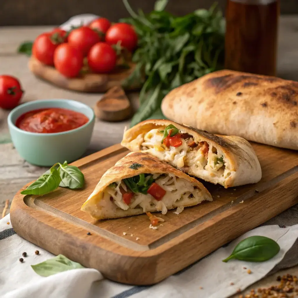 chicken calzone with melted cheese and shredded chicken, served with marinara sauce and fresh basil on a rustic wooden board.