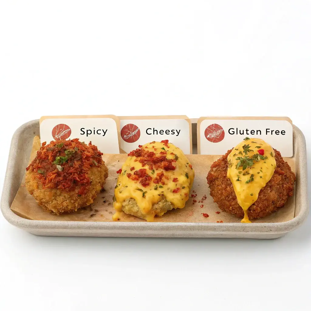 Three variations of chicken fritters recipe served on a tray with labels