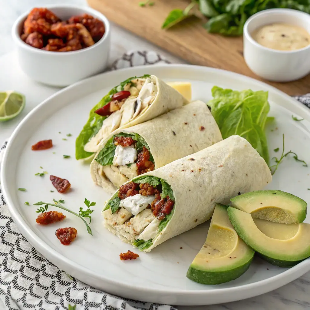 Three variations of the chicken Caesar wrap on a plate.