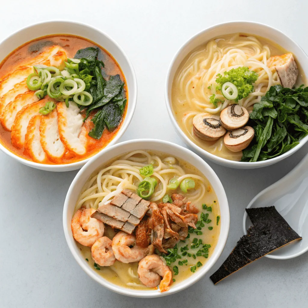 Three variations of ramen.