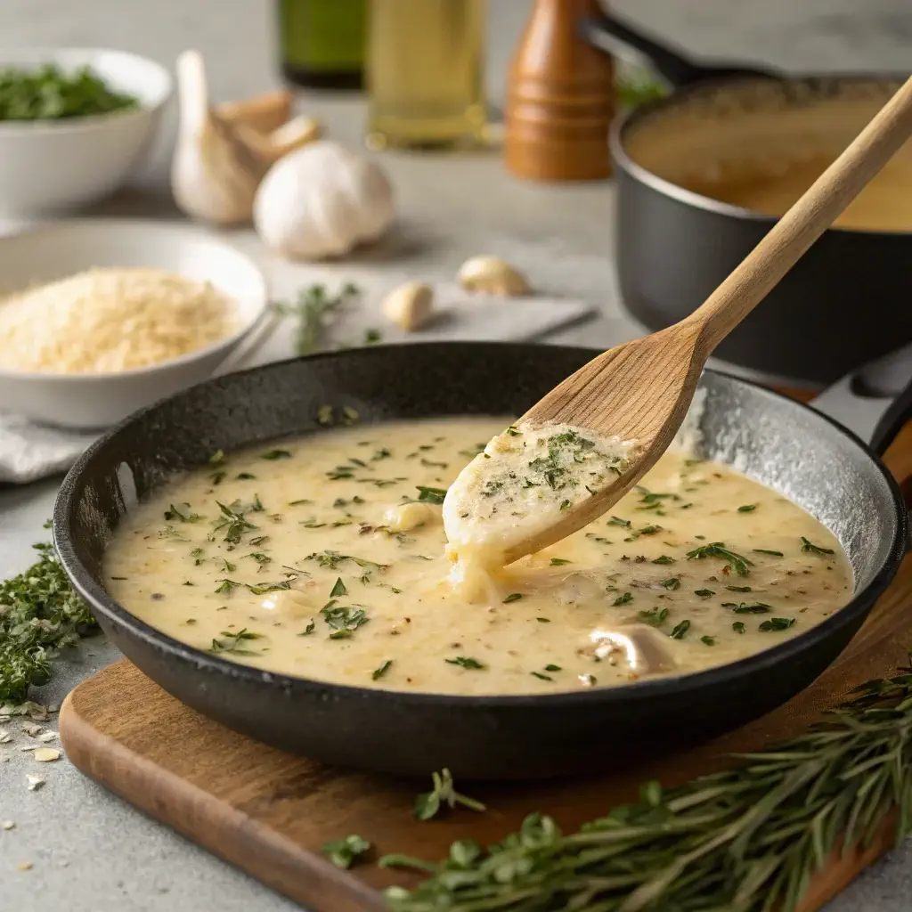 Creamy garlic Parmesan sauce being prepared in a skillet.