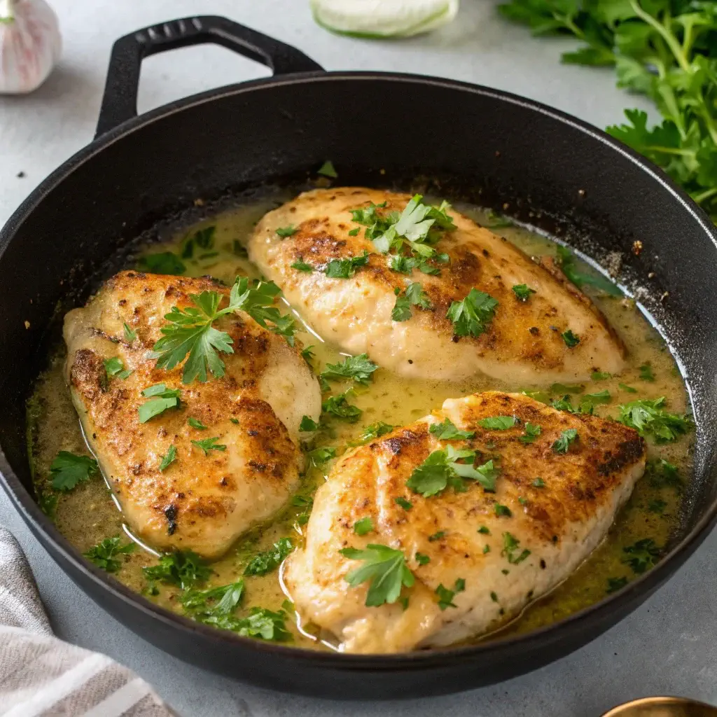 Chicken breasts cooking in a skillet with garlic butter.