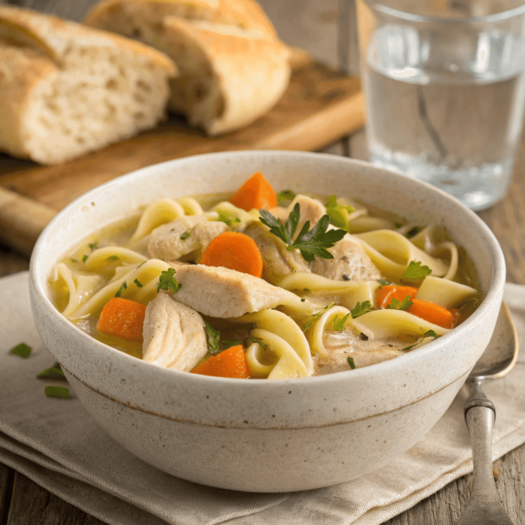 A bowl of chicken and egg noodles garnished with fresh parsley, surrounded by rustic bread and warm dining decor.