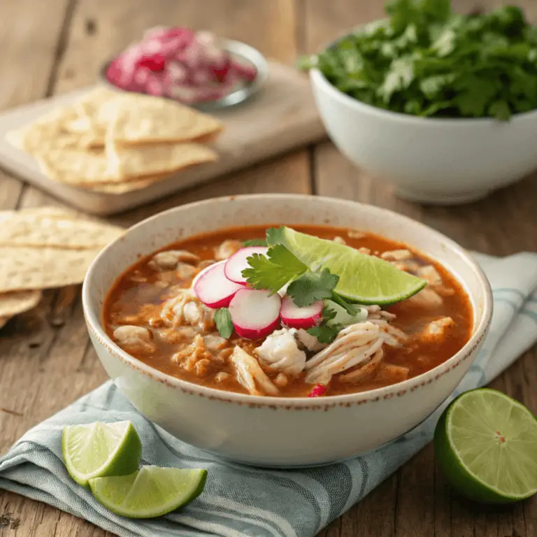 A bowl of Chicken Pozole garnished with cabbage, radishes, lime wedges, and cilantro, served on a wooden table with tostadas on the side.
