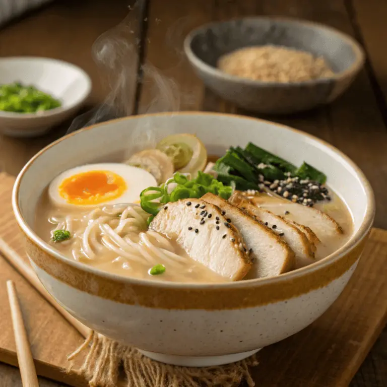 A bowl of creamy chicken ramen with toppings.