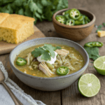 Green chili chicken soup served in a rustic bowl.