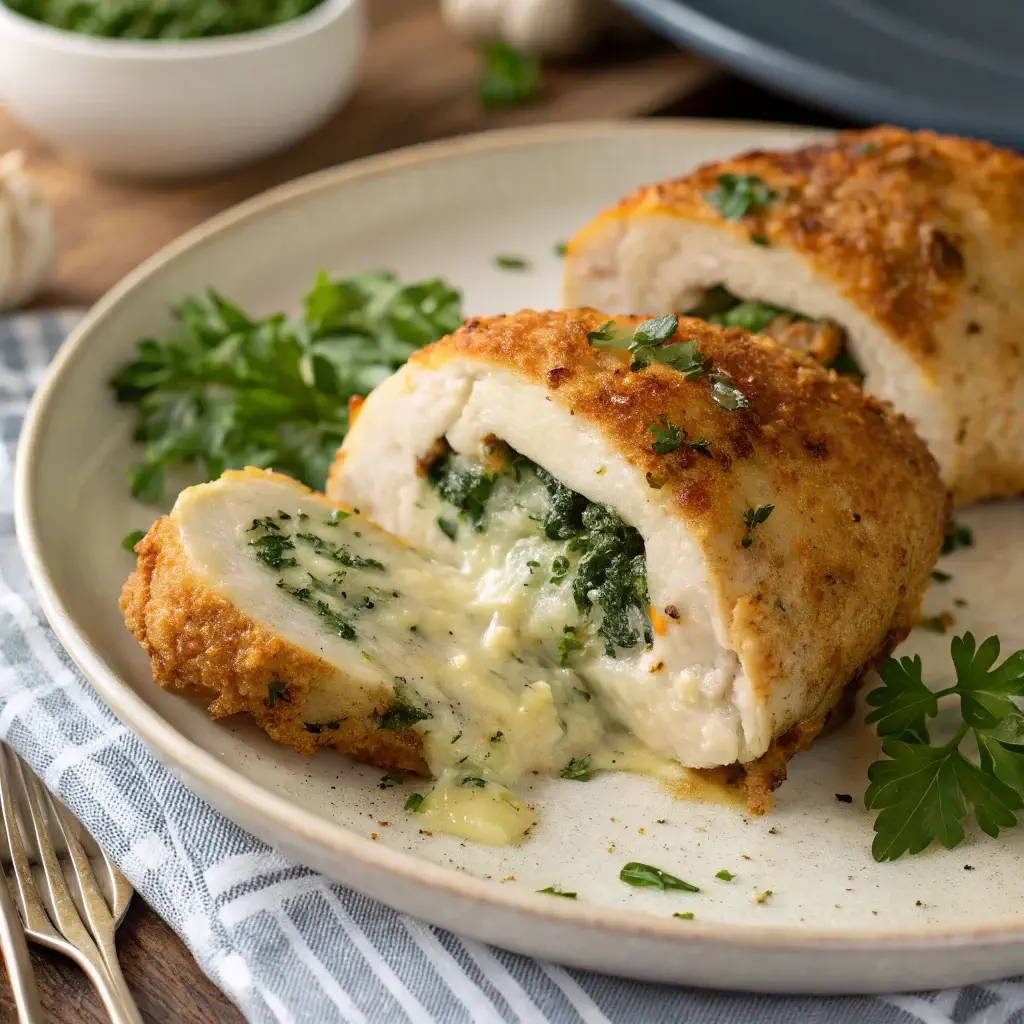 Stuffed garlic butter chicken breast with cheesy filling.