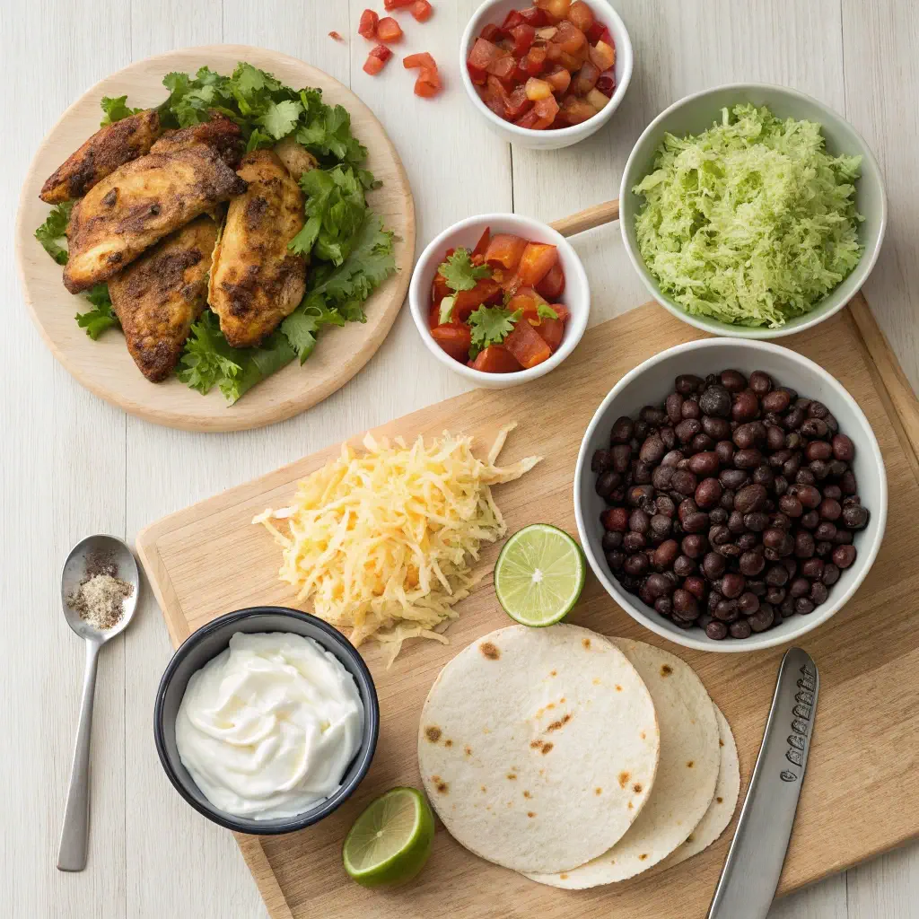 A top-down view of Chipotle Chicken Burrito ingredients: chicken, rice, beans, salsa, guacamole, sour cream, cheese, lettuce, lime, and tortillas.